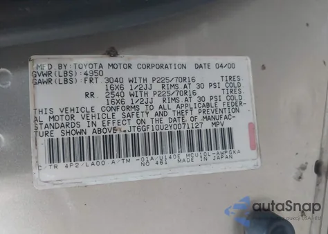 2000 Lexus Rx 300 from USA, damaged, VIN JT6GF10U2Y0071127